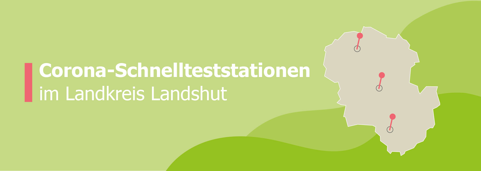 Banner-Corona-Schnellteststationen Karte des Landkreises Landshut auf grünem Hintergrund