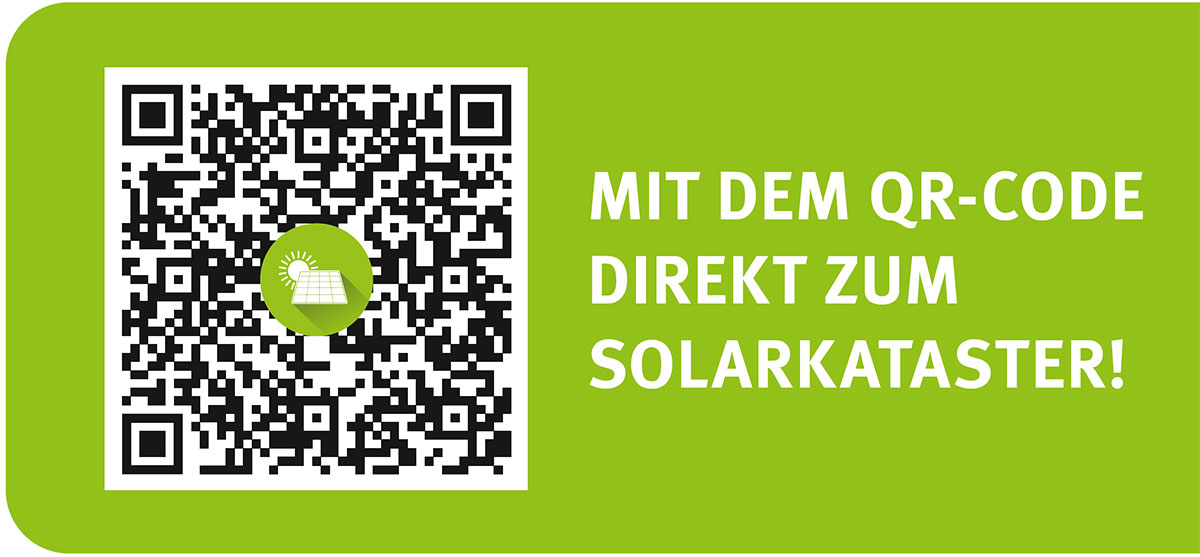 Schriftzug: Mit dem QR-Code direkt zum Solarkataster