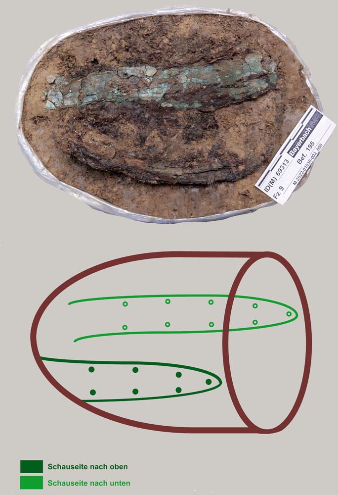 Bild: Reste des hölzernen Bechers nach der Freilegung im Labor und Rekonstruktionszeichnung (Foto/Zeichnung: Bayerisches Landesamt für Denkmalpflege, Referat B V, B. Herbold).